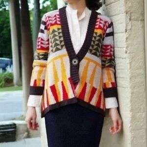 Anthropologie Sparrow Onam Cardigan Geometric Linen Cotton Lambswool Size Small